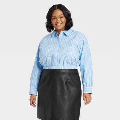 Women's Long Sleeve Cropped Button-Down Blouse - Ava & Viv™ Blue/White Striped | Target