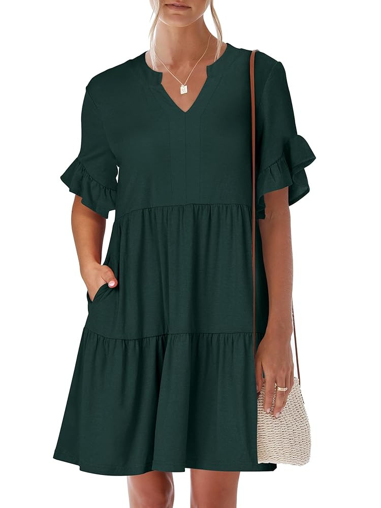 ANRABESS Womens Summer 2025 Trendy Ruffle Short Sleeve V Neck A Line Tiered Flowy Loose Casual Mi... | Amazon (US)