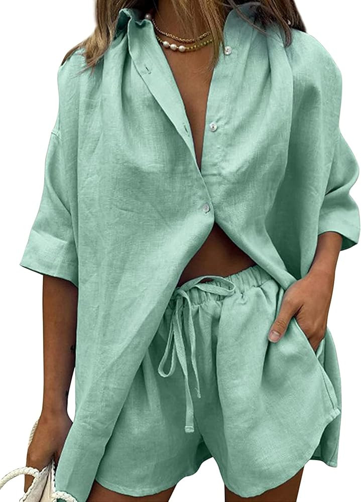 Ulekuke Womens 2 Piece Outfits Casual Loungewear Sets Stripe Long Sleeve Shirt And Loose High Wai... | Amazon (US)