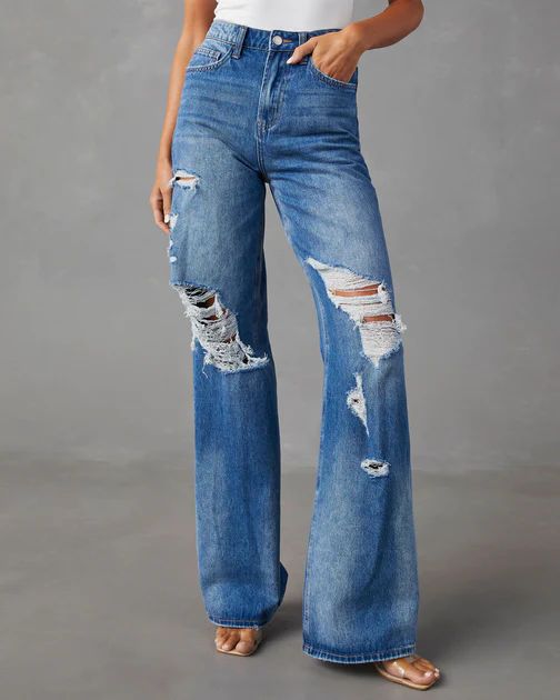 Steinem Distressed Wide Leg Jeans - Dark Wash | VICI Collection