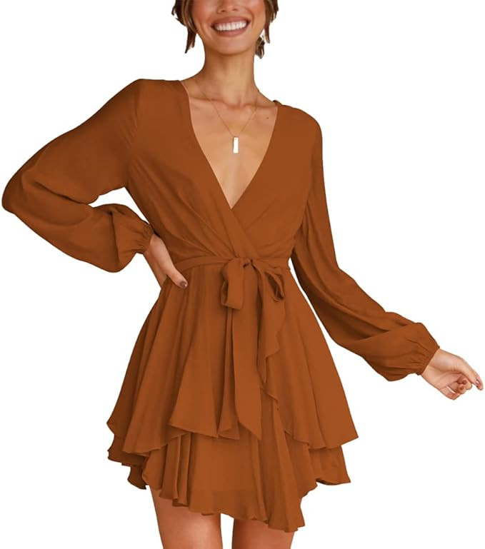 NODPAN Women Casual Dress Deep V-Neck Long Sleeve Tie Waist Ruffle Swing Dresses Wrap Dress Shift... | Amazon (US)