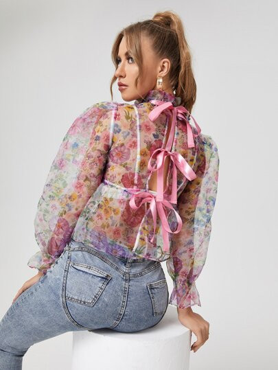 SHEIN Frilled Neck Tie Back Floral Sheer Organza Top Without Bra | SHEIN