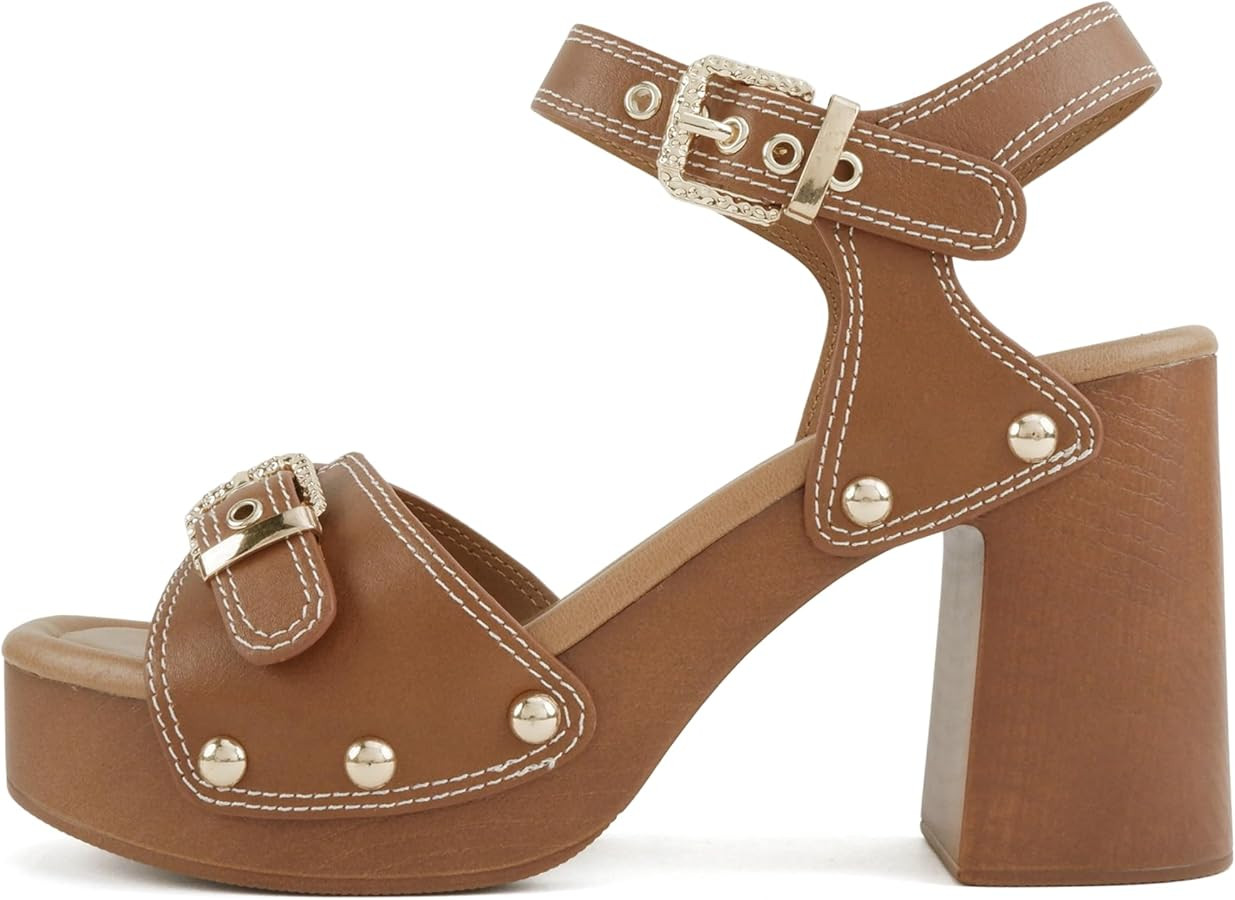 Soda Brave ~ Women Square Toe Studded Platform High Heel Sandal with Buckle Straps | Amazon (US)