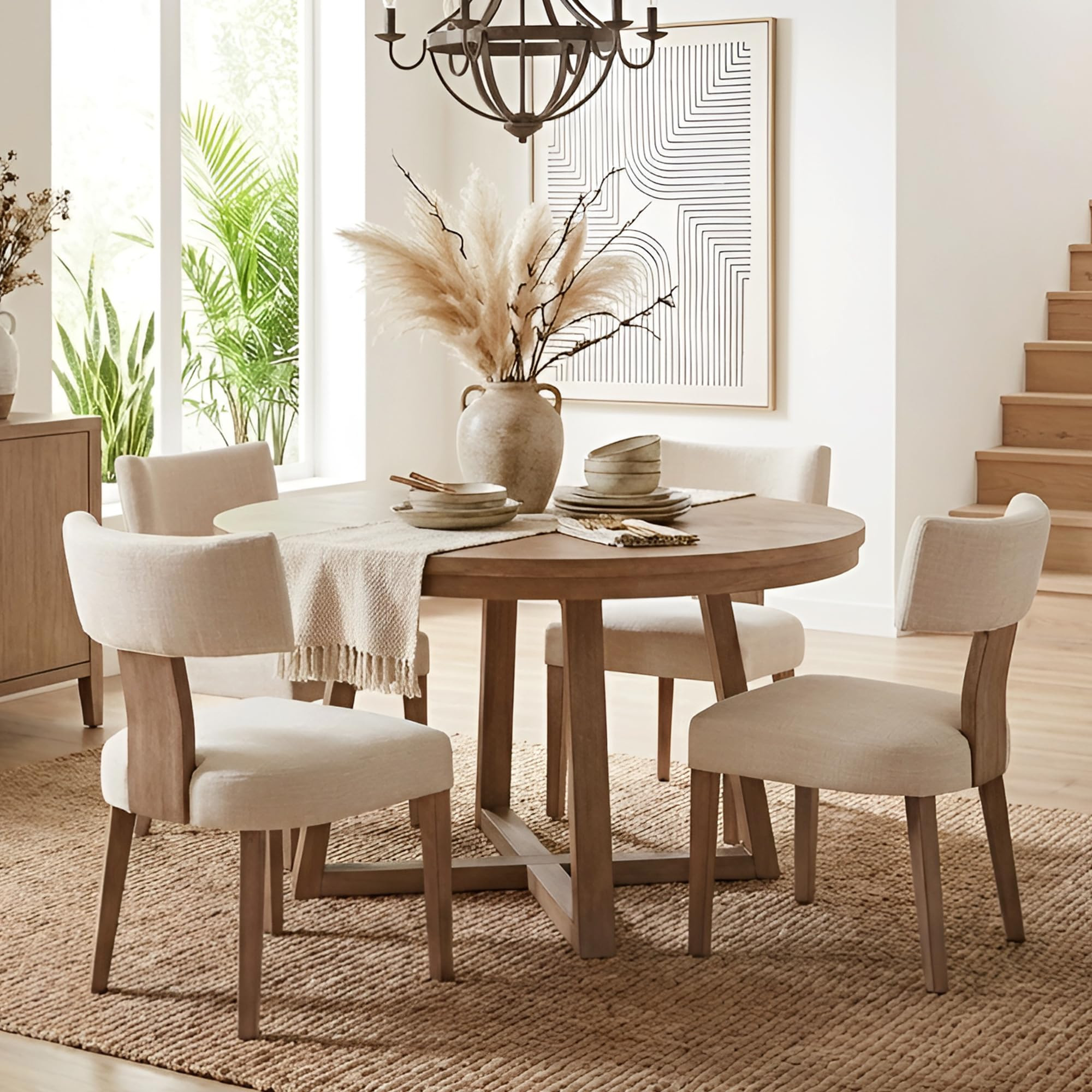 HNY Mid Century Modern Dining Chairs Set of 4, Farmhouse Linen Fabric Upholstered Accent Curved Backrest Kitchen Chairs, with Hardwood Frame, Beige | Amazon (US)