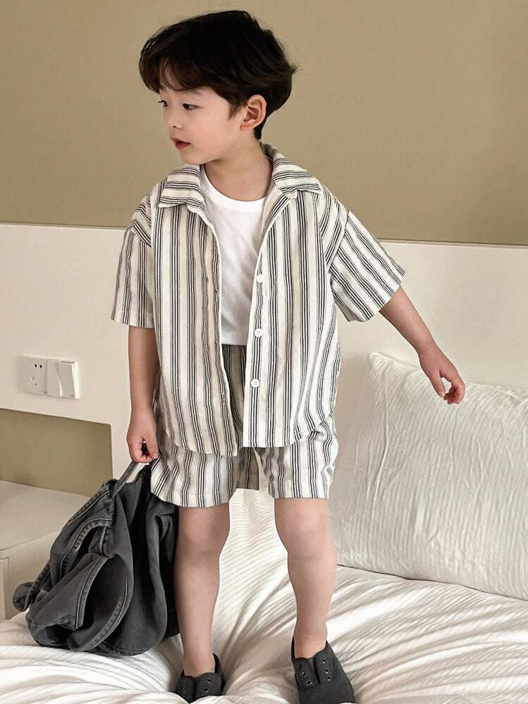 2pcs/Set Toddler Boys Striped Short Sleeve Shirt And Shorts Casual Outfit, Summer | SHEIN