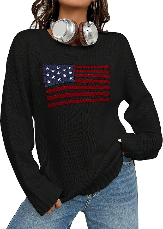 SweatyRocks Women's Flag Pattern Long Sleeve Round Neck Sweater Casual Loose Pullover Sweater | Amazon (US)