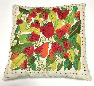 Vintage Crewel Embroidered Pillow 14" x14" Strawberries Handmade Needlepoint | eBay US