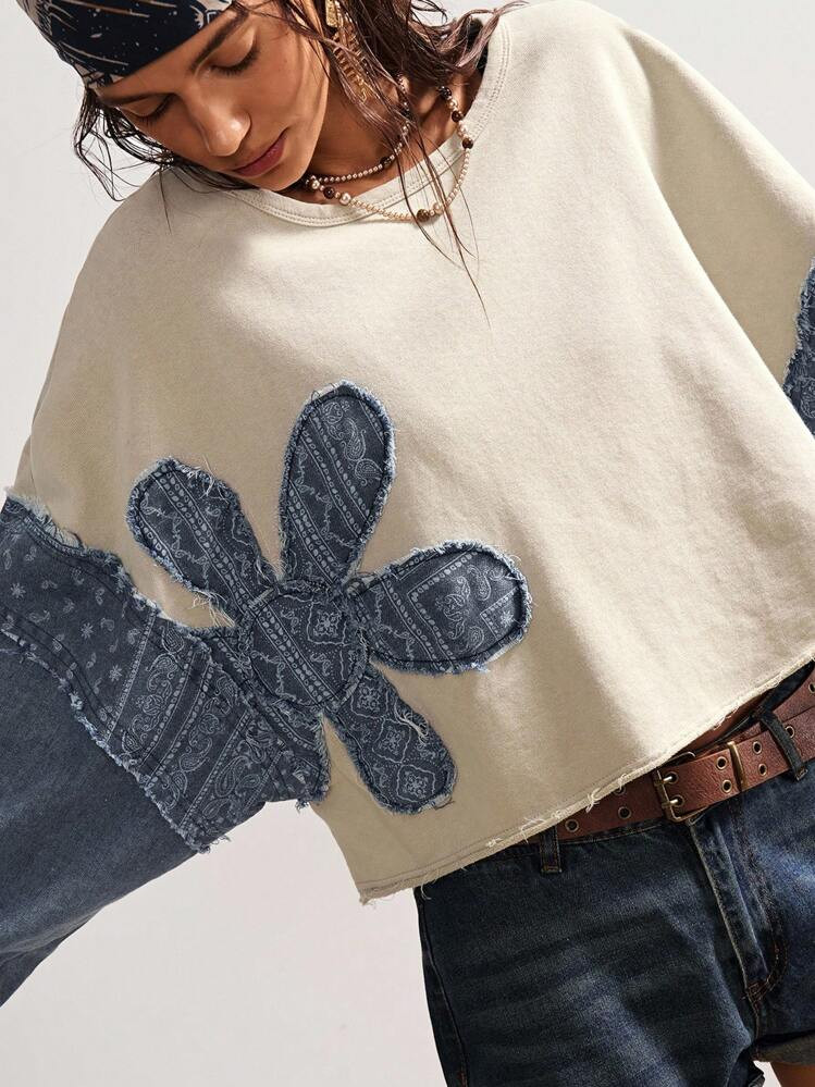 Bohemela BOHO Countryside Vacation Casual Knit Patchwork Floral Pattern Denim Loose Crew Neck Long Sleeve Sweatshirt For Women In Fall/Winter | SHEIN