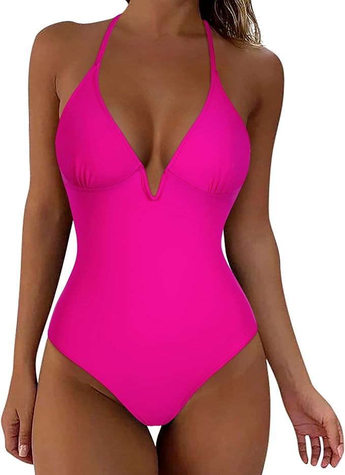 SUUKSESS Women Sexy Push Up One Piece Swimsuit V Wire Lace Up Bathing Suit | Amazon (US)
