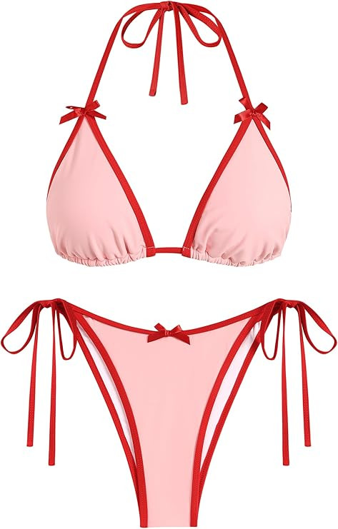 ZAFUL Bikini Sets for Women Halter Bow Decor Tiny Floral Gingham Print Swimsuit Tie Side 2 Pieces... | Amazon (US)