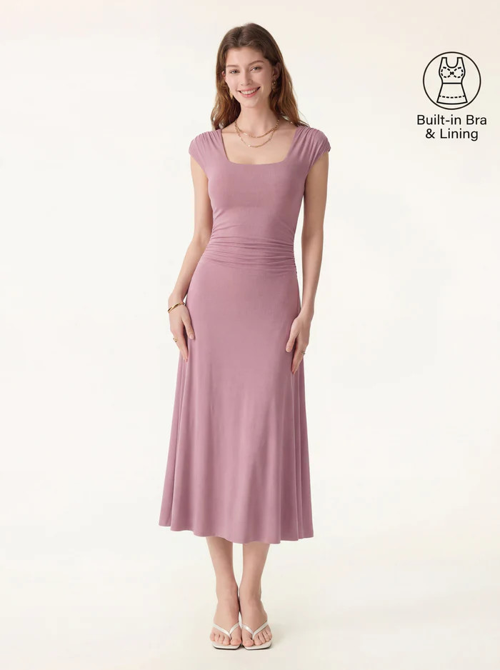 SkinKiss Cooling Square Neck Ruched Midi Bra Dress | OGLmove