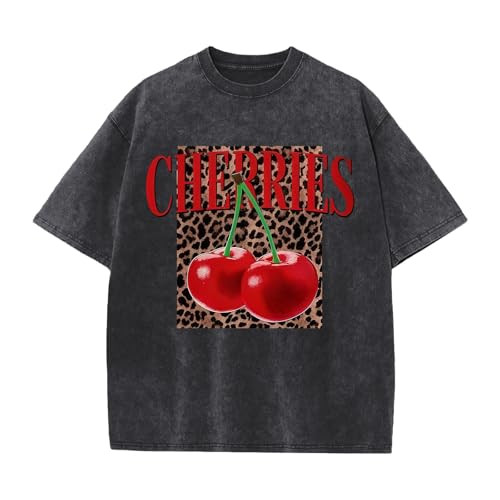 Oiiaayy Oversized Cherry Graphic Tees for Women Vintage Leopard Cherry Fruit Shirt Acid Wash Crew... | Amazon (US)