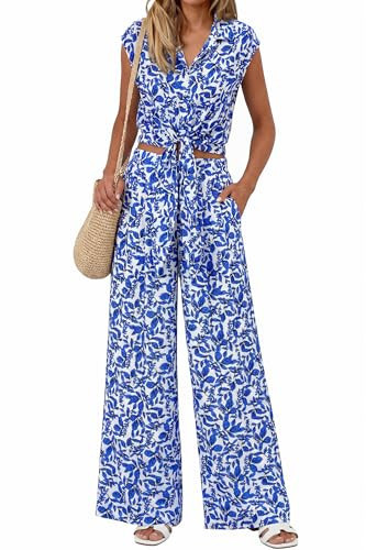 PRETTYGARDEN 2 Piece Sets For Women Summer Striped Button Down Tie Front Crop Tops Wide Leg Pants Floral Lounge Set 2026(Floral Blue,Medium) | Amazon (US)