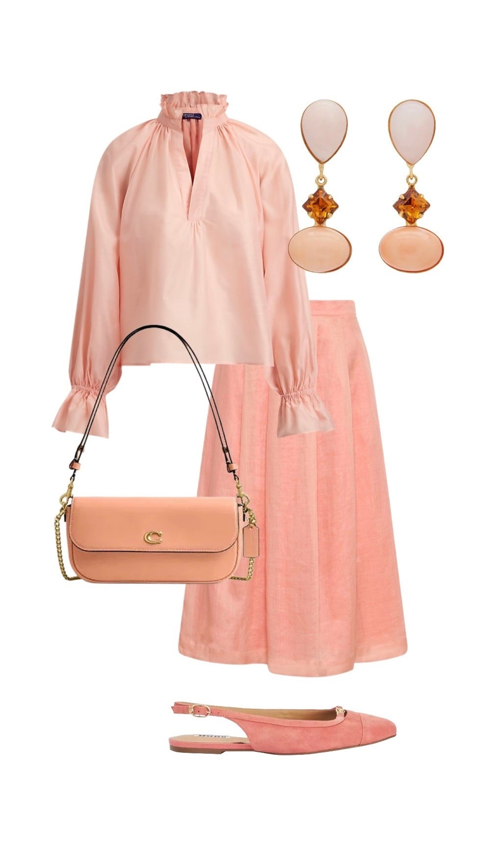 Peach Romance 🍑 

Silk Ruffle Blouse - NEW at Ralph Lauren

Peach Drop Earrings - Jennifer Behr

Peach Midi Skirt - Marella

Peach Bag - ON SALE by Coach

Peach Flat Slingbacks - ON SALE, Dune at John Lewis

#LTKeurope #LTKstyletip #LTKwedding #LTKshoes #LTKbag #LTKdatenight #LTKuk #LTKsale #LTKsummer