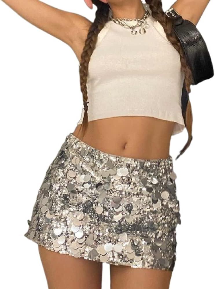 Vintage Sequin Skirt for Women Low Waist Sparkle Glitter Silver Mini Skirt Sexy A-line Skinny Nig... | Amazon (US)