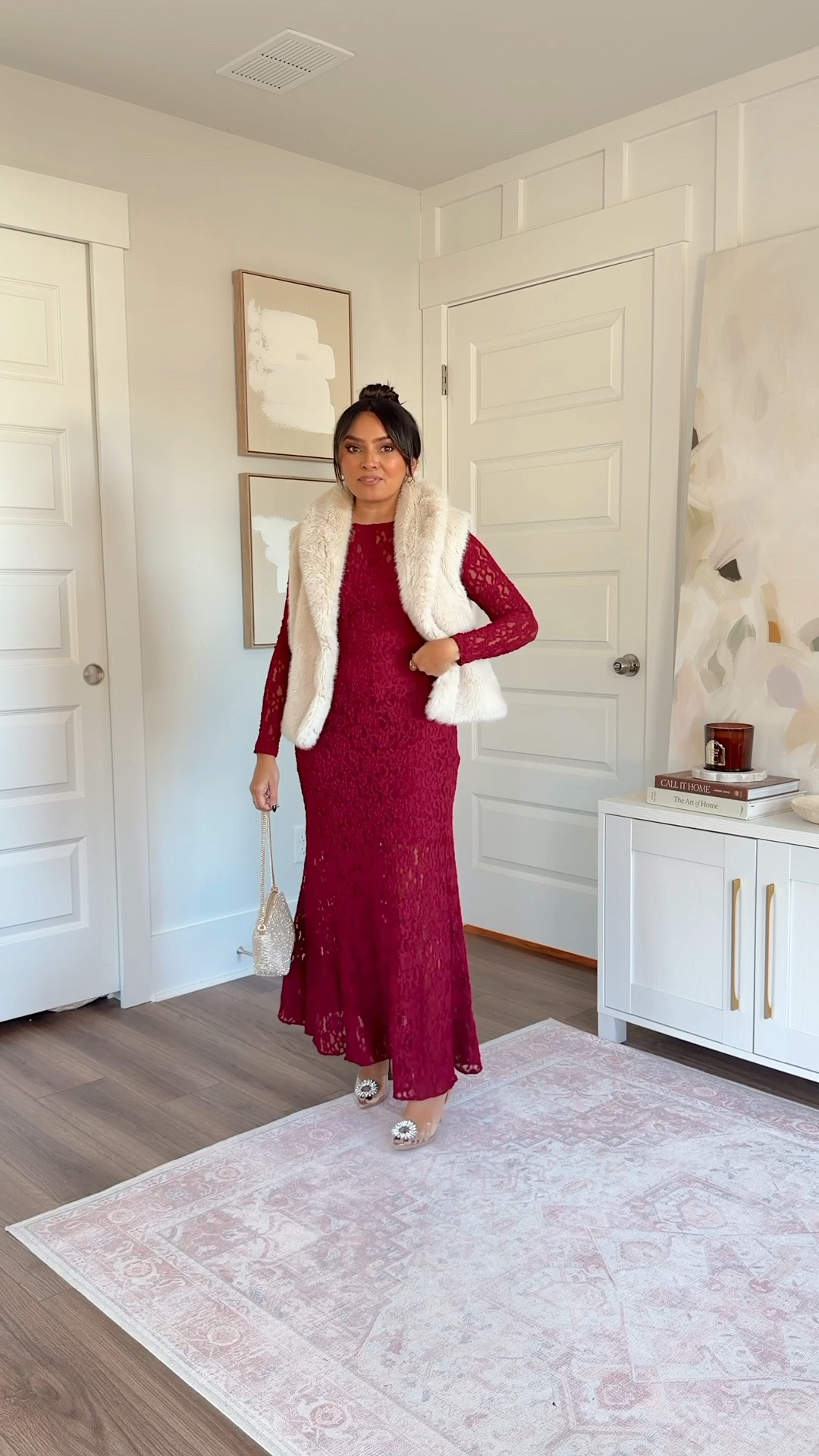 Faux fur vest size xs petite TTS
Burgundy lace maxi dress size xs regular TTS - i wanted a ful length maxi so i went with the regular length! 
Rhinestone clear heels - old, similar linked


#LTKHoliday #LTKPetite #LTKGiftGuide