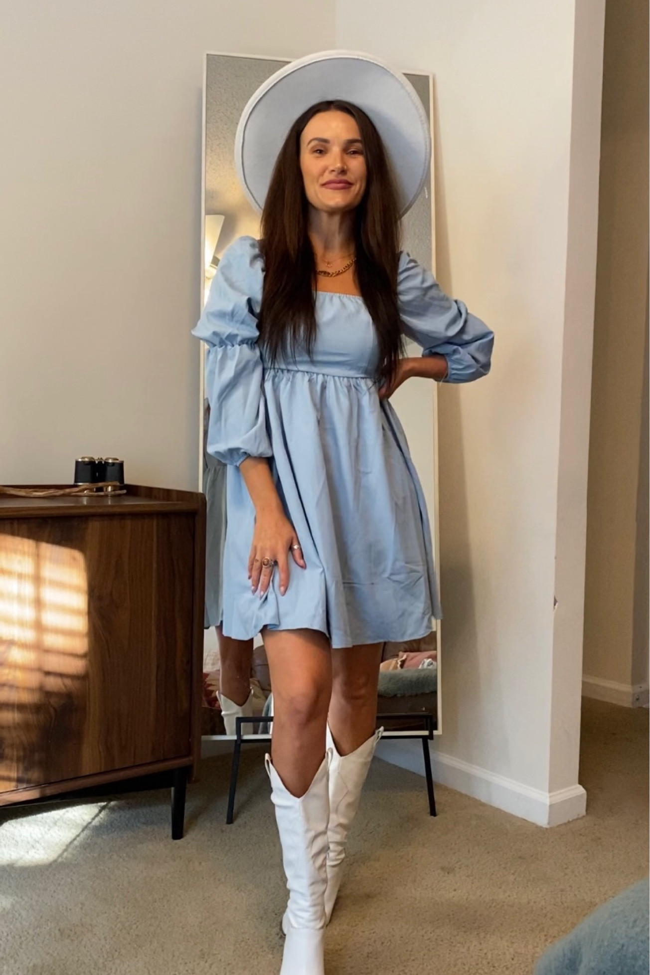 This dress is under $40 comes in 17 colors and size xs-xxl. I’m wearing an xs and I paired it with white boots and a white hat. This would be so cute for fall pictures or great dressed up for fall weddings! 

#LTKSeasonal #LTKwedding #LTKstyletip