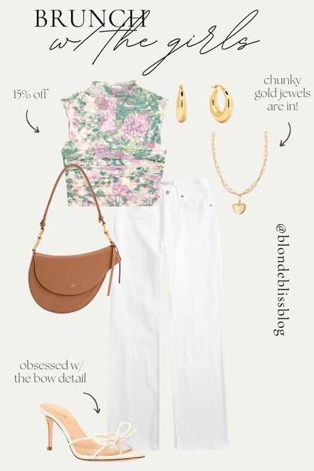 The ultimate brunch look! This floral top is the perfect touch of spring paired with white denim, bow heels, gold jewelry and a brown saddle bag. Wear to brunch with the girls, date night or work!

#LTKSpringSale #LTKSeasonal #LTKfindsunder100