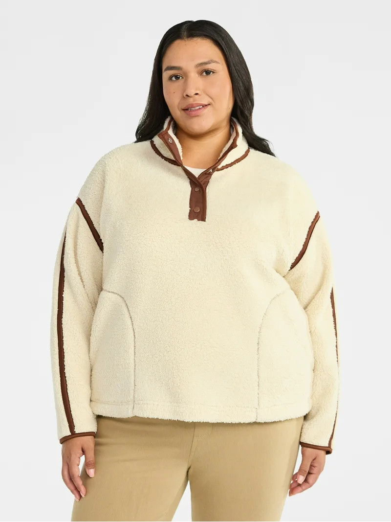Terra & Sky Women's Plus Size Faux Shearling Quarter Snap Pullover, Sizes 0X-4X | Walmart (US)