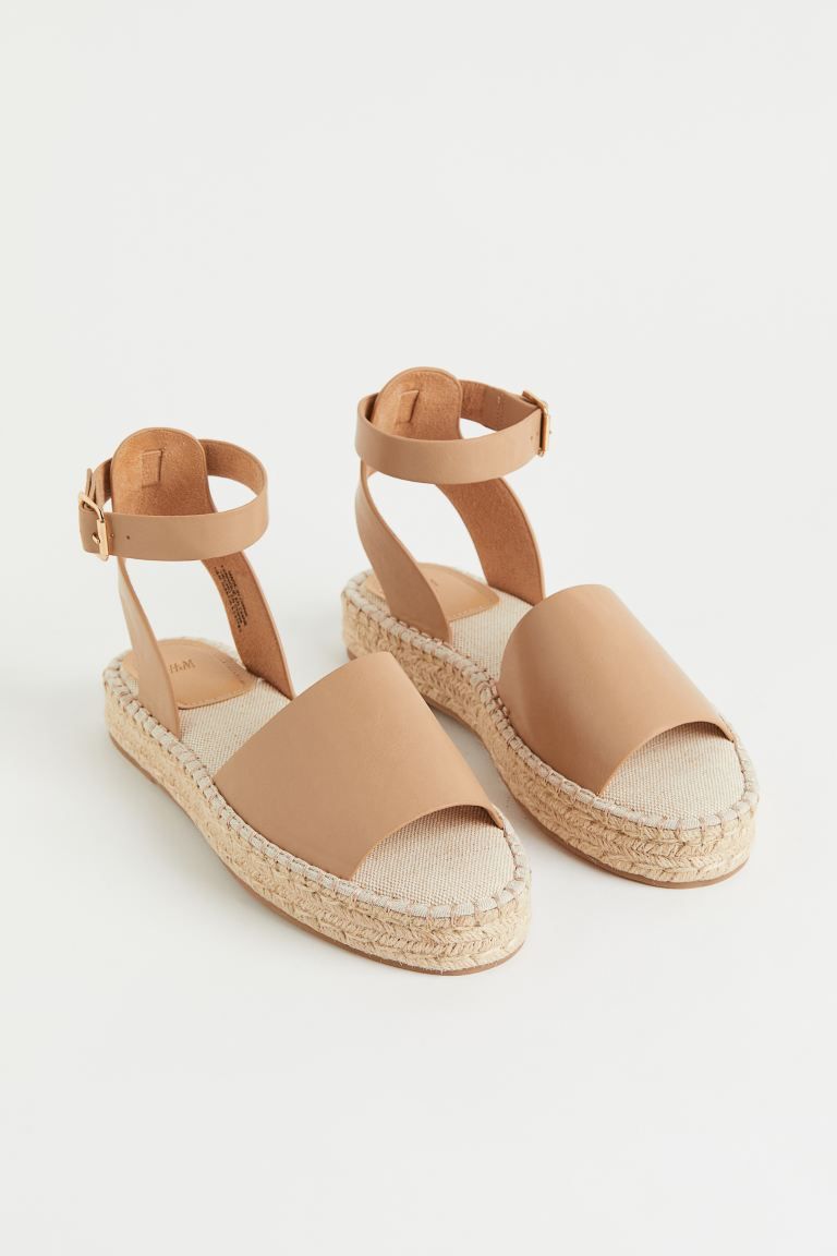 Espadrille sandals in canvas with open toes, a wide foot strap with an embroidered motif at top, ... | H&M (US + CA)