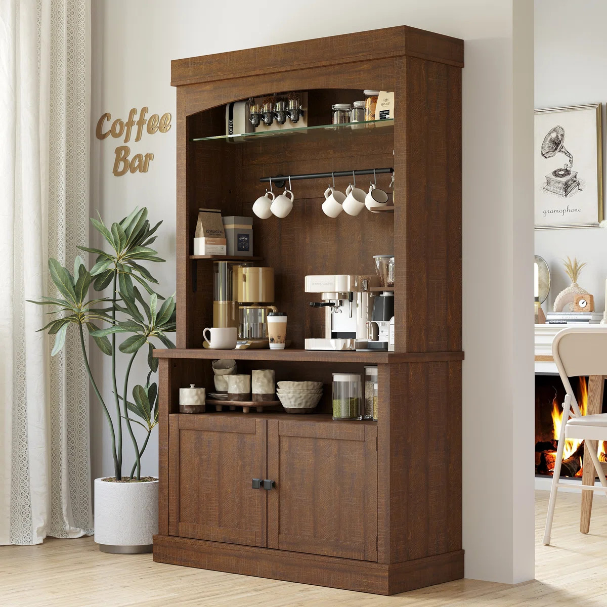 Farmhouse Coffee Bar Hutch with 3-Color LED Lights \u2013 Wood Buffet Cabinet with Wine Glass Ra... | Wayfair North America