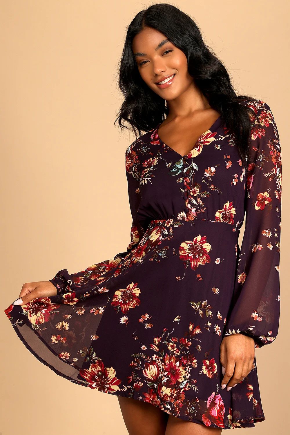 Always Yours Plum Purple Floral Print Long Sleeve Skater Dress | Lulus (US)