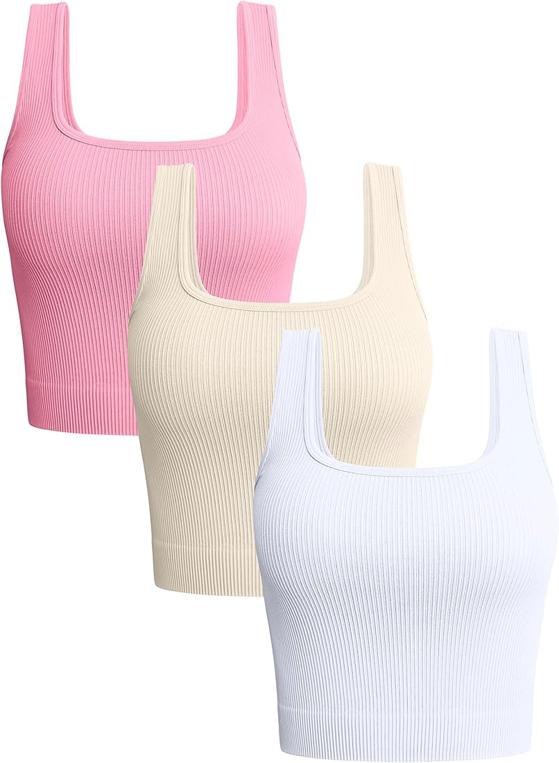 OQQ Women's 3 Piece Tank Tops Ribbed Seamless Workout Exercise Shirts Yoga Crop Tops | Amazon (US)