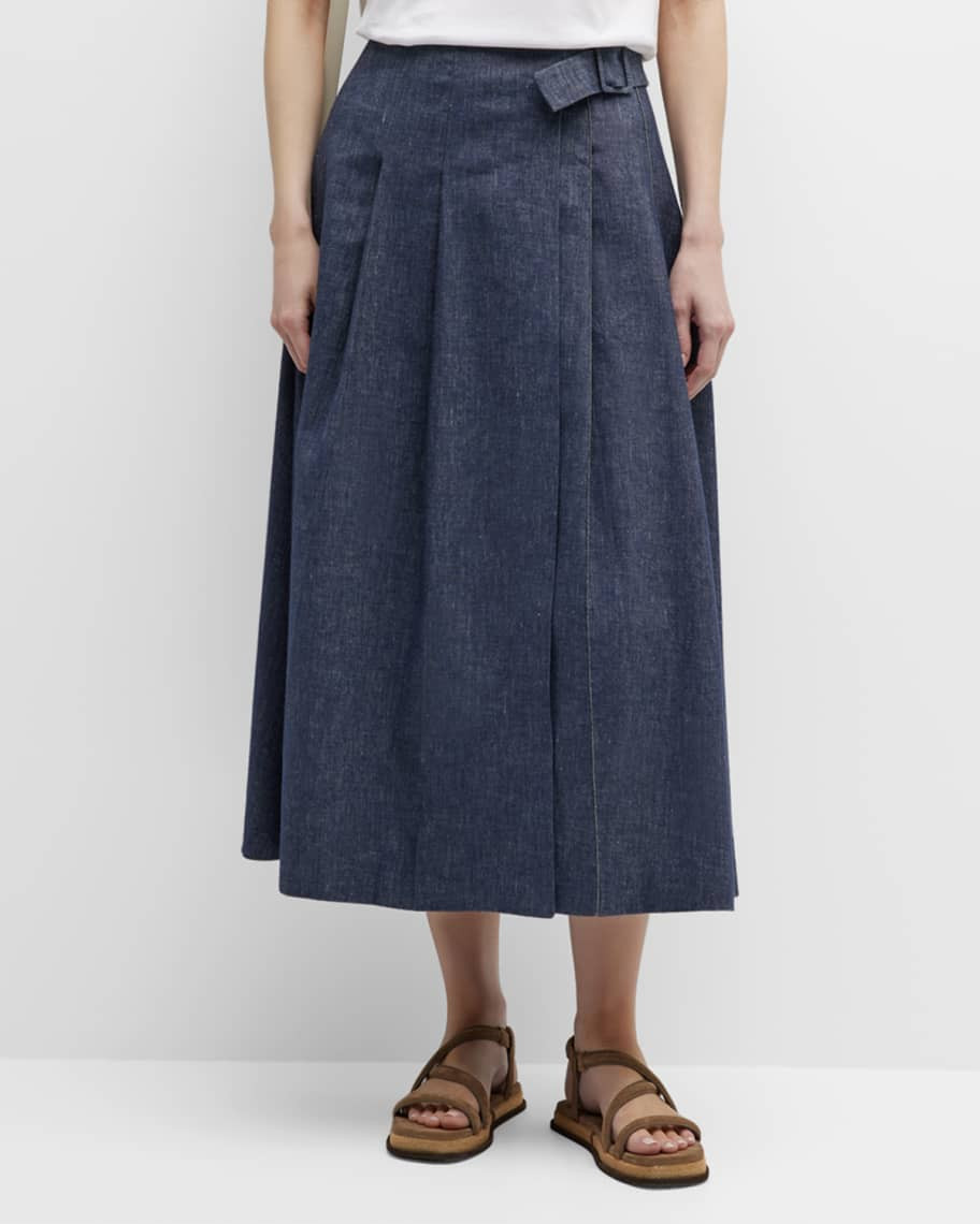 FABIANA FILIPPI Pleated A-Line Denim Midi Skirt | Neiman Marcus