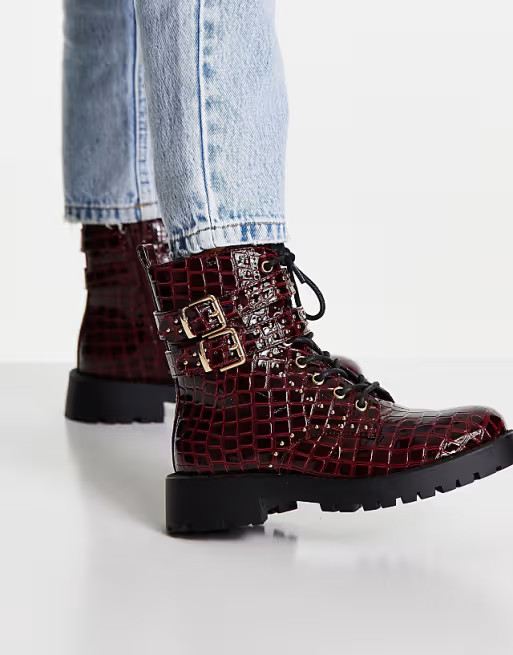 Miss Selfridge aliyah burgundy patent croc boot | ASOS | ASOS (Global)