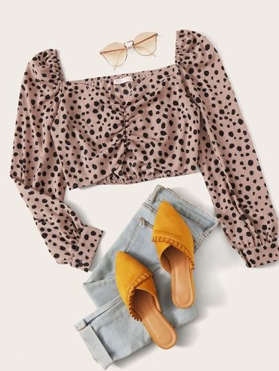 Cheetah Print Ruched Front Crop Blouse | ROMWE