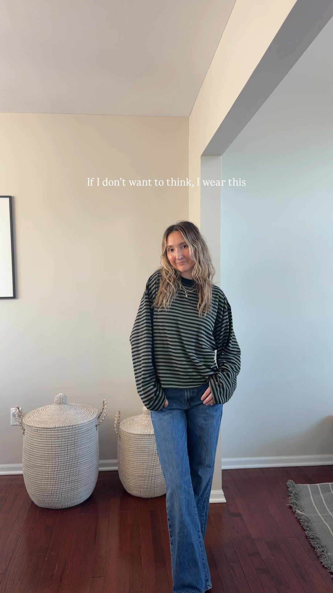 Xs in striped long sleeve, 25 in jeans