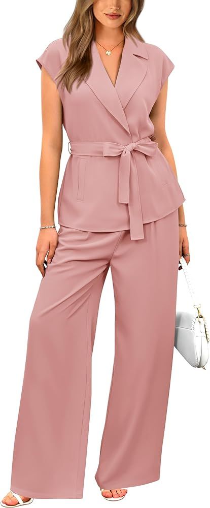 PRETTYGARDEN Women's Summer 2 Piece Outfits 2024 Cap Sleeve V Neck Blazer Vest Wide Leg Pant Sets... | Amazon (US)