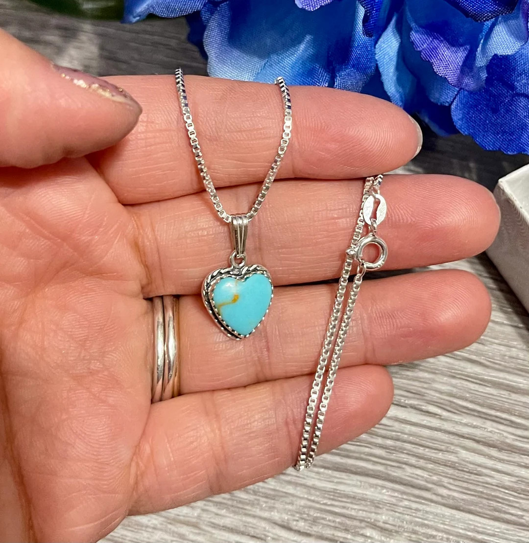 Turquoise Heart Pendant Necklace/blue Turquoise Necklace/turquoise Heart/box Chain/sterling Silve... | Etsy (US)