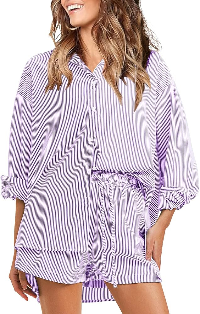 EXLURA Women's Cotton Summer 2 Piece Sets Long Sleeve Button Down Shirts Matching Short Sets Beac... | Amazon (US)