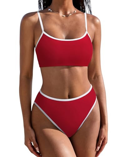 SUUKSESS Women High Waisted Two Piece Bikini Sets Cheeky High Cut Bandeau Swimsuits Push Up Bathing Suit(Red White,S) | Amazon (US)