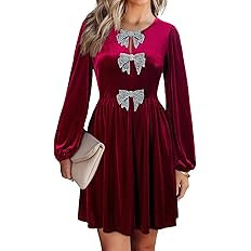 Happy Sailed Womens Velvet Dress Fall Winter Long Sleeve Bowknot High Waisted A Line Cocktail Dre... | Amazon (US)