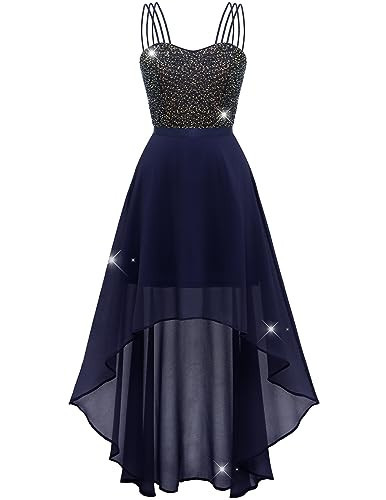 DRESSTELLS Women's Sequin Dress Long Elegant for Wedding Chiffon Bridesmaid Dresses Floor Length Cocktail Dress with Spaghetti Straps Lace Sleeveless Ball Gown Navy 2XL | Amazon (US)