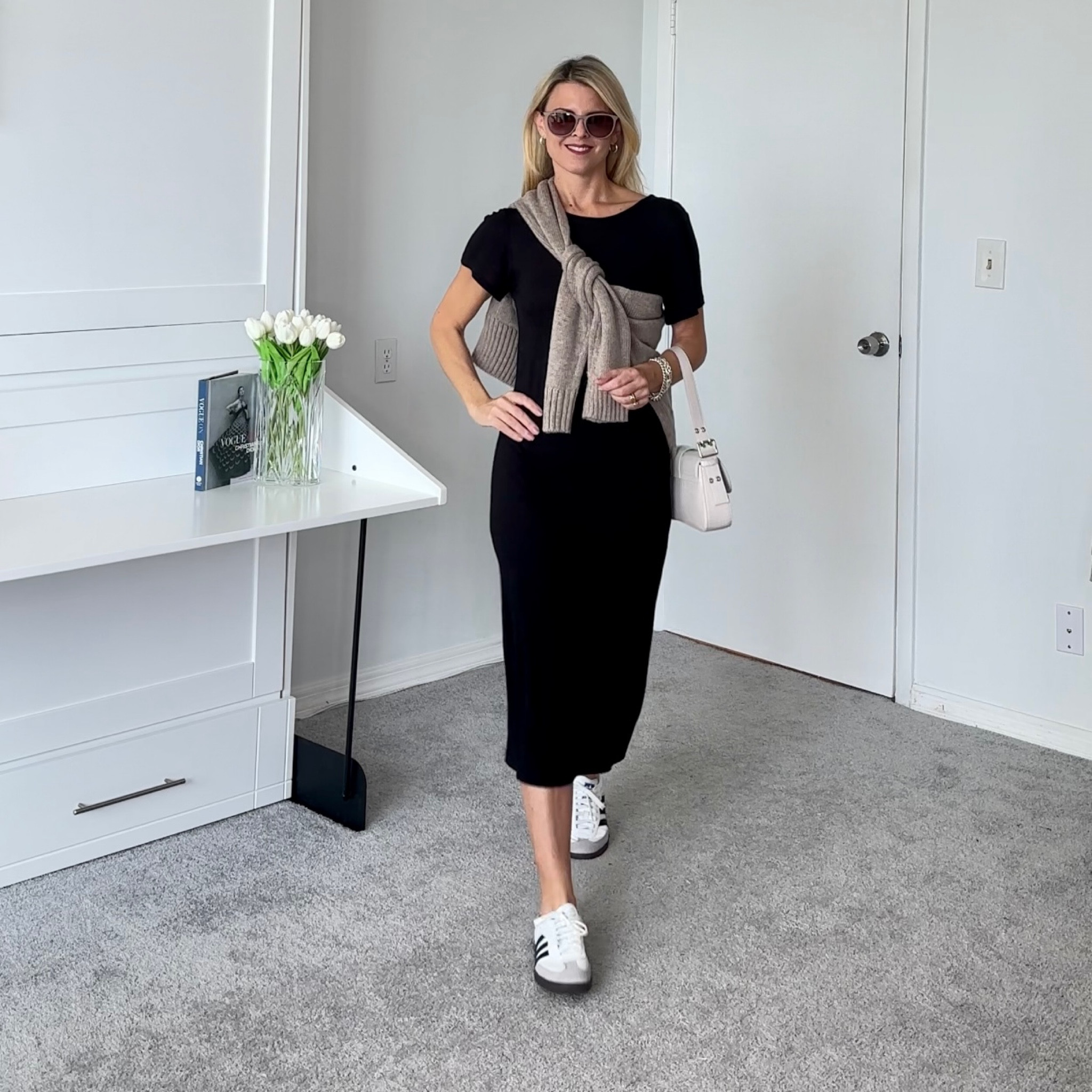 Tee shirt dress, adidas sneakers and  layered with a sweater.

#LTKunder50 #LTKSeasonal #LTKFind