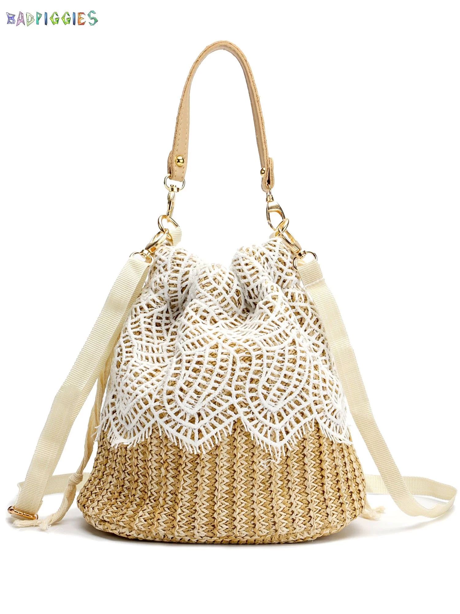 BadPiggies Women Straw Bucket Handbag, Summer Bohemia Beach Tote Bag Top Handle Travel Woven Purs... | Walmart (US)