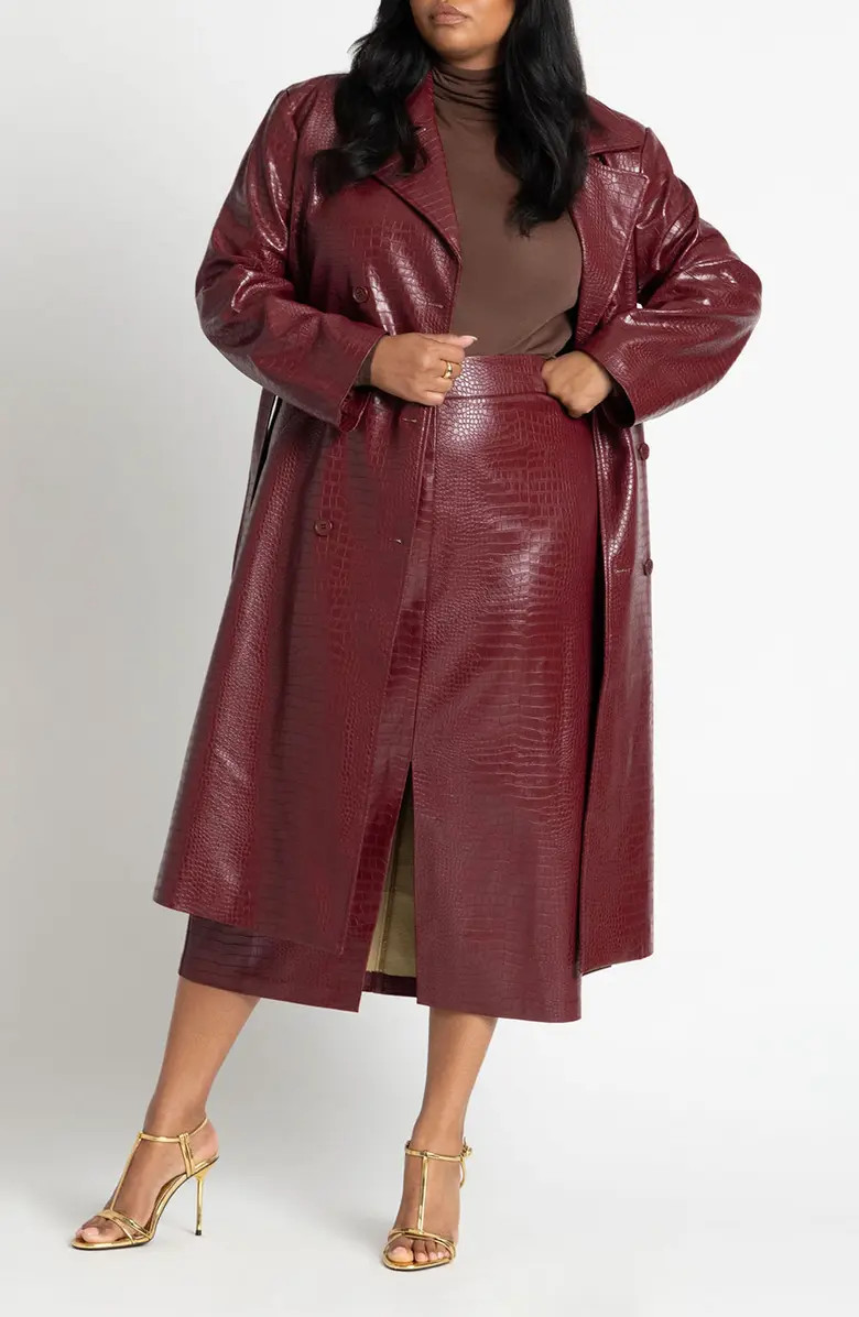 ELOQUII Croc Embossed Faux Leather Tie Belt Trench Coat | Nordstrom | Nordstrom