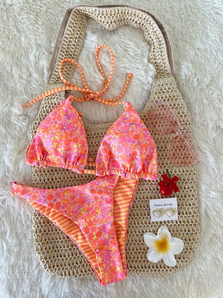 SHEIN Swim Mod 2pcs/Set Women Cute Random Floral Print Reversible Halter Top And Adorable Bottoms Bikini Swimsuit Set, Holiday & Beach For Summer Beach Vacation | SHEIN