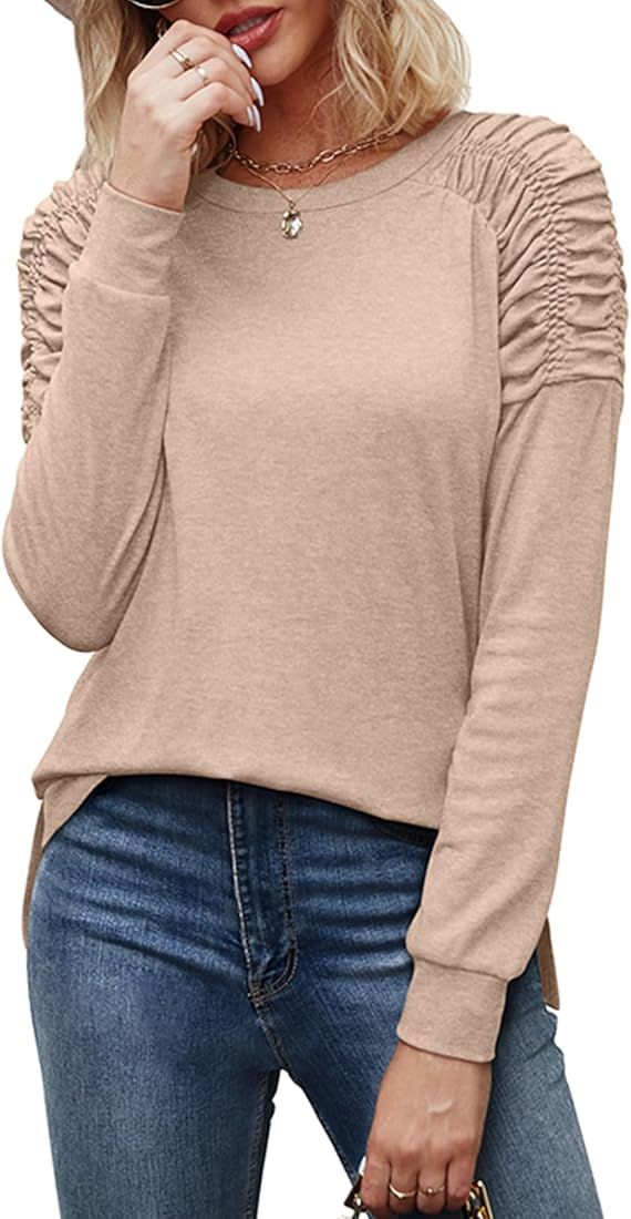 XIEERDUO Women's Long Sleeve Tunic Tops for Leggings Crewneck Shirts Solid Color | Amazon (US)