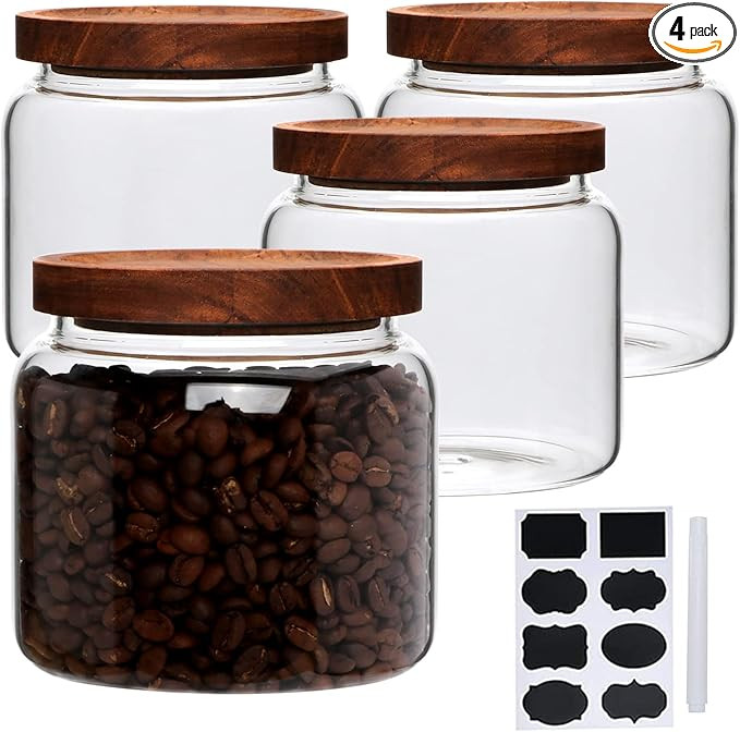 Glass Jars,Set of 4 Glass Food Storage Containers with Wooden Lids,Clear Glass Canister Sets for ... | Amazon (US)