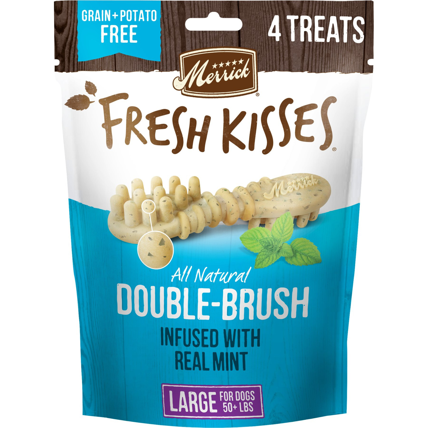 Merrick Fresh Kisses Double-Brush Mint Breath Strip Infused Large Dental Dog Treats, 4 count | Chewy