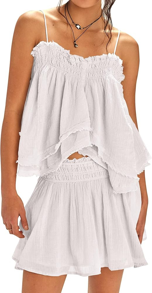 Women 2 Piece Summer Outfits Casual Sleeveless Smocked Tiered Tank Tops and Elastic Waist Flared ... | Amazon (US)
