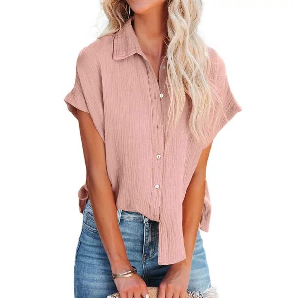 Afunbaby  Women's Button Down V Neck Shirts Cotton Linen Short Sleeve Blouse Tops with Pockets - ... | Walmart (US)