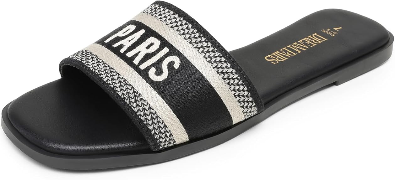 DREAM PAIRS Women's Flat Sandals Slip On Slides Sandals Square Open Toe Jacquard Braided Fashion ... | Amazon (US)