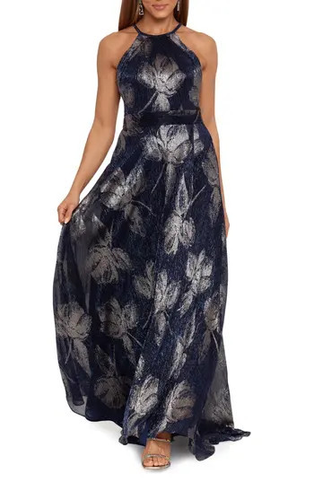 Betsy & Adam Metallic Sleeveless Gown in Navy/Gun at Nordstrom Rack, Size 6 | Nordstrom Rack