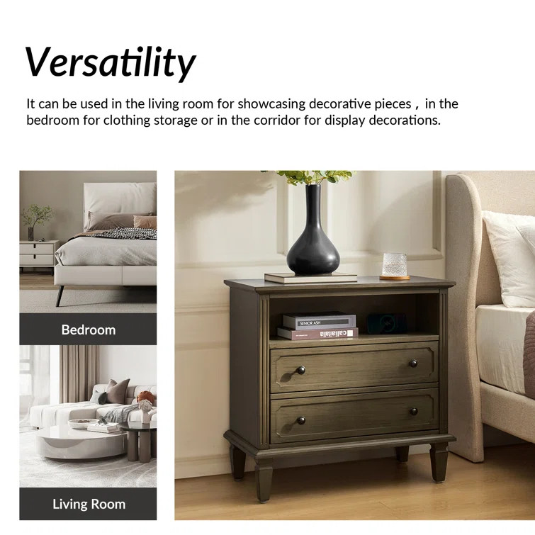 Amberlyn 27.2'' H Traditional2-Drawer Nightstand with Built-In Outlets and Solid Wood Legs and Op... | Wayfair North America