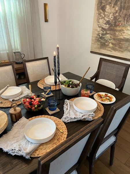 Summer tablescape, black matte taper candle holders, our place midi bowls, woven chargers, wood spoons, linen napkins, anthropologie, pottery barn 

#LTKhome #LTKunder50